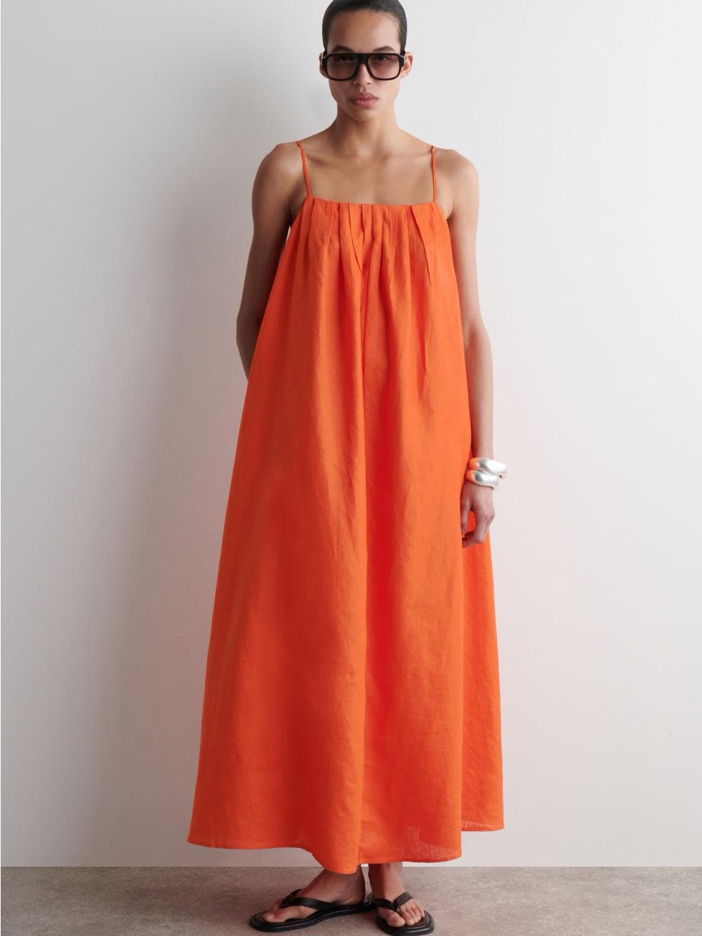 Cos Pleated Orange Linen Maxi Dress
